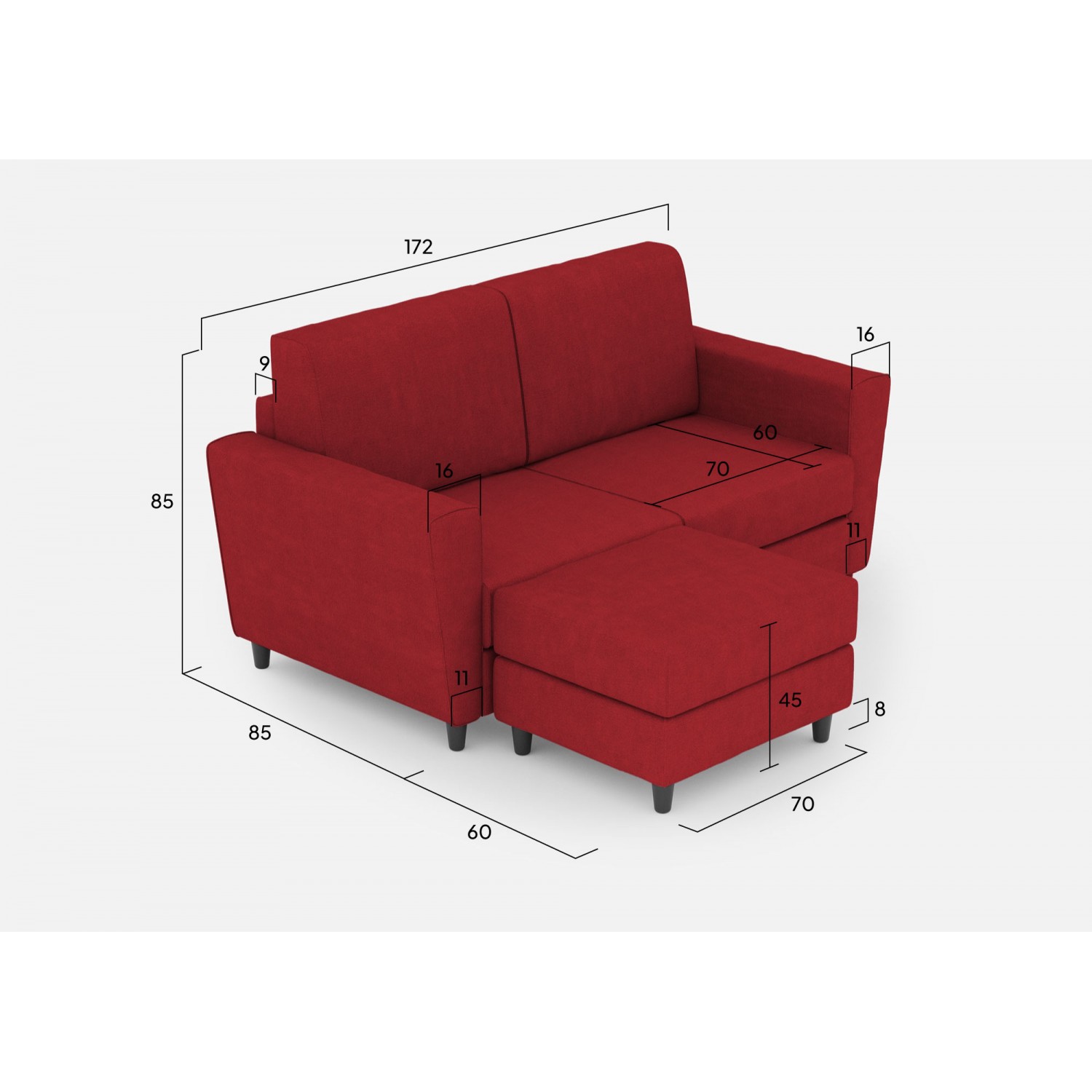 Ityhome Divano Yasel 2 posti (due sedute da 60cm) + pouf misure esterne L.152 P.155 colore rosso