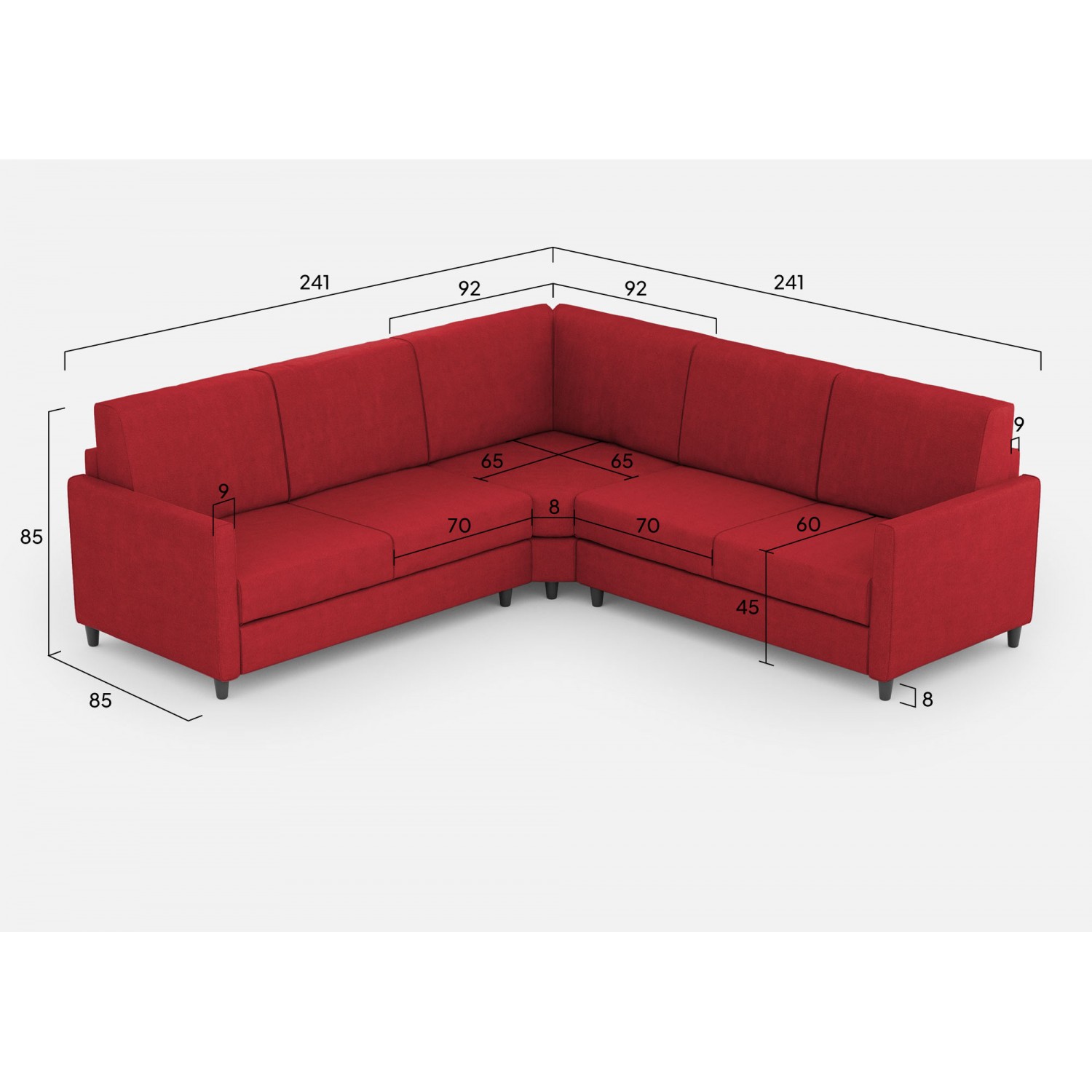 Ityhome Divano Karay 2 posti medio (due sedute da 70cm) + angolo + divano 2 posti medio (due sedute da 70cm) misure esterne L.241x241 colore rosso