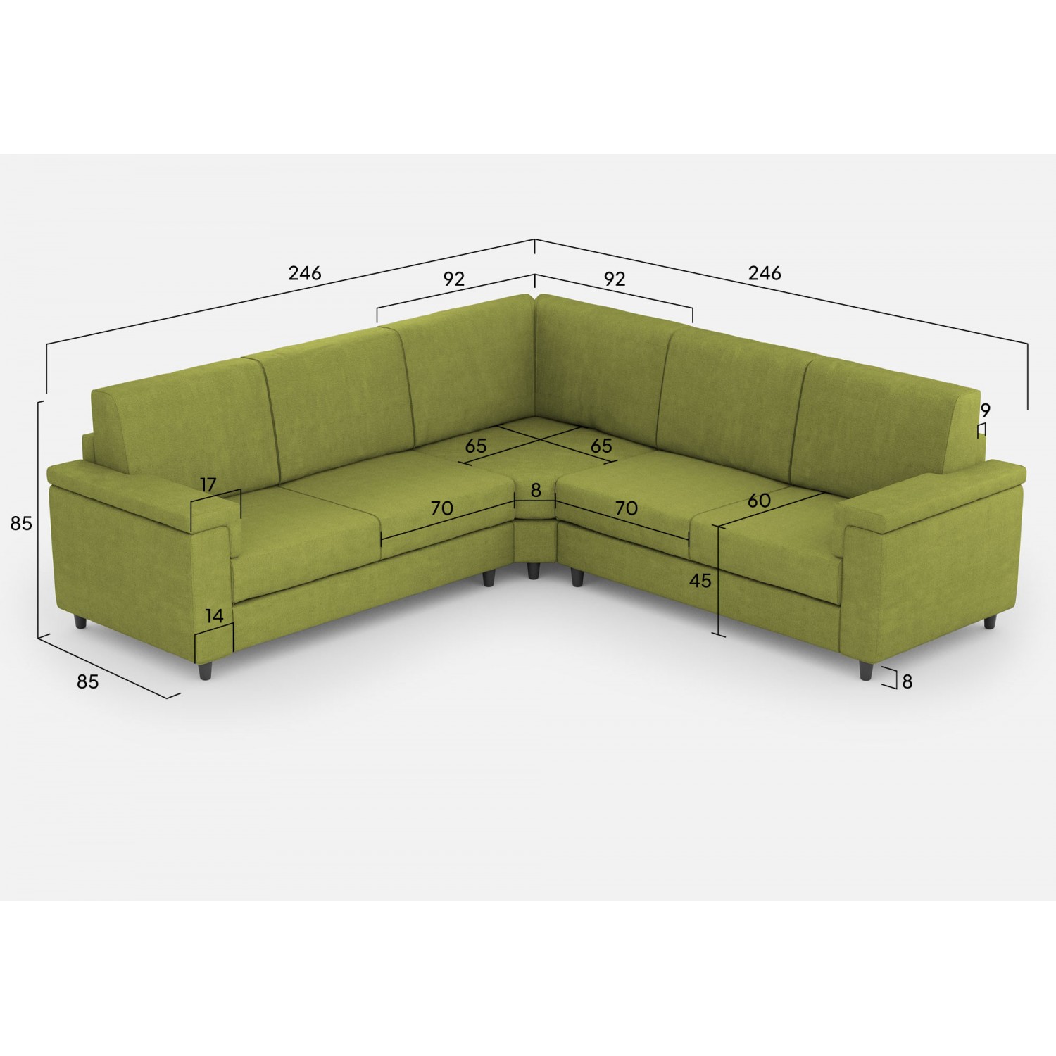 Ityhome Divano Marrak 2 posti medio (due sedute da 70cm) + angolo + divano 2 posti medio (due sedute da 70cm) misure esterne L.246x246 colore verde