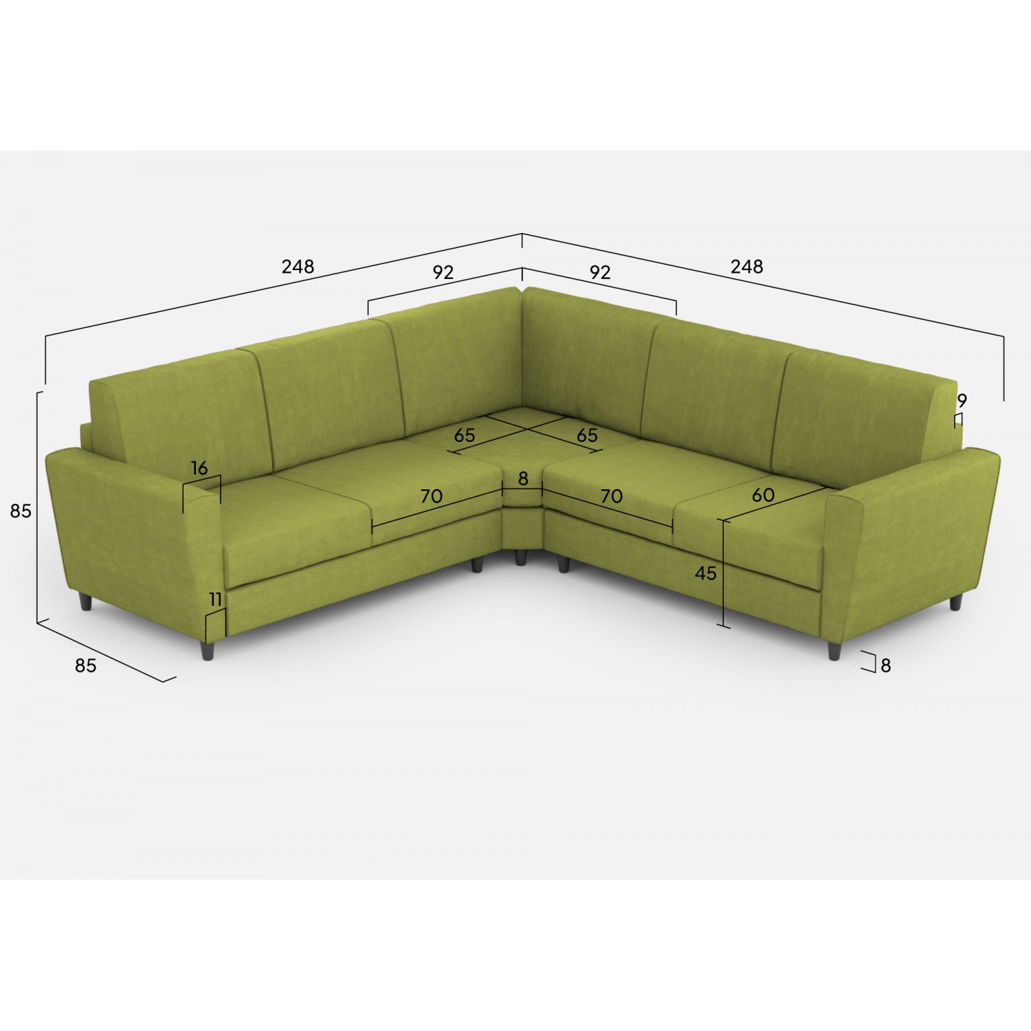 Ityhome Divano Yasel 2 posti medio (due sedute da 70cm) + angolo + divano 2 posti medio (due sedute da 70cm) misure esterne L.248x248 verde