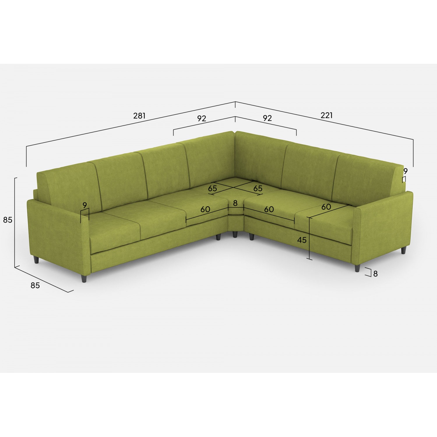 Ityhome Divano Karay 3 posti  (tre sedute da 60cm) + angolo + divano 2 posti( due sedute da 60cm) misure esterne L.281x221 colore verde