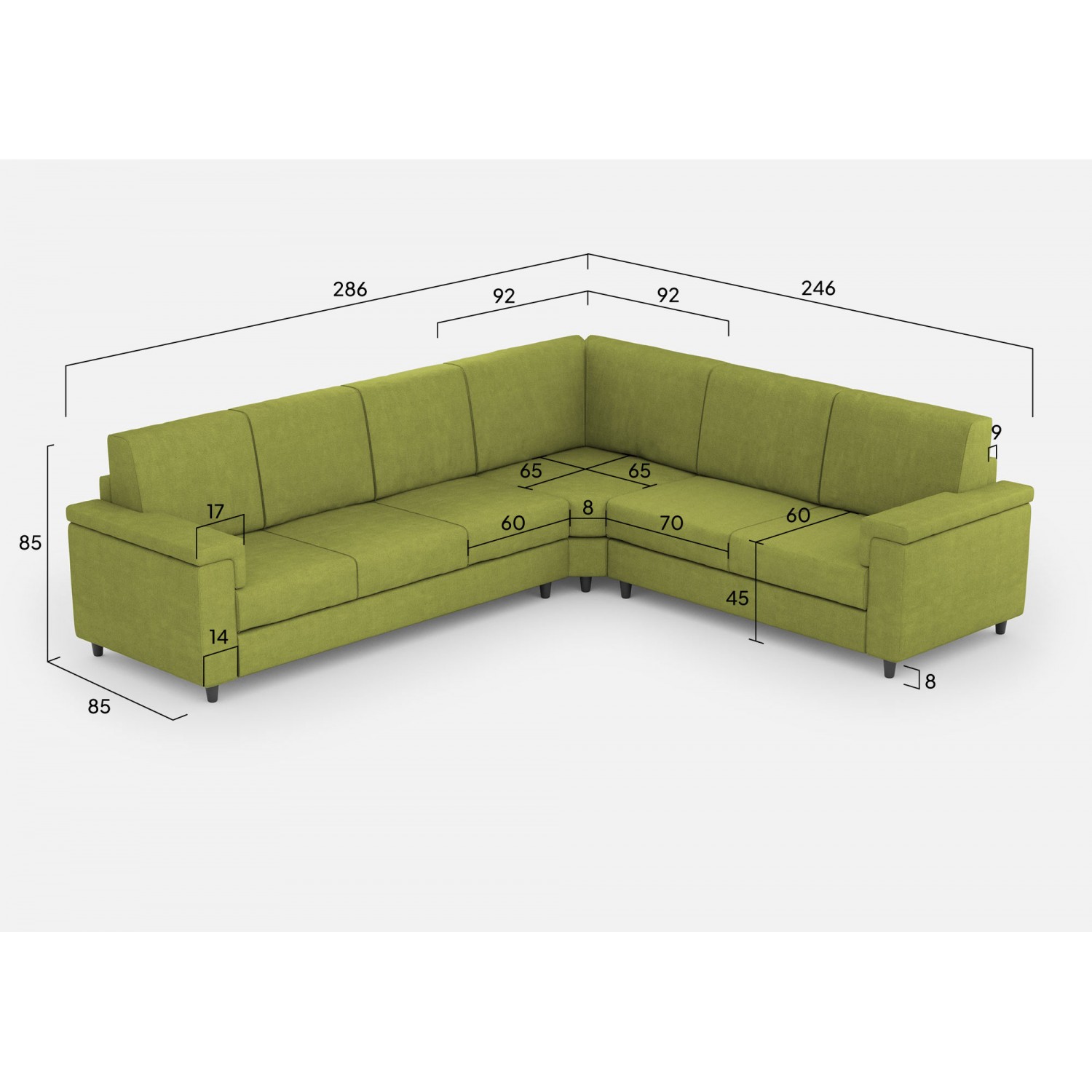 Ityhome Divano Marrak 3 posti (tre sedute da 60cm)+ angolo + divano 2 posti medio (due sedute da 70cm) misure esterne L.286x246 colore verde