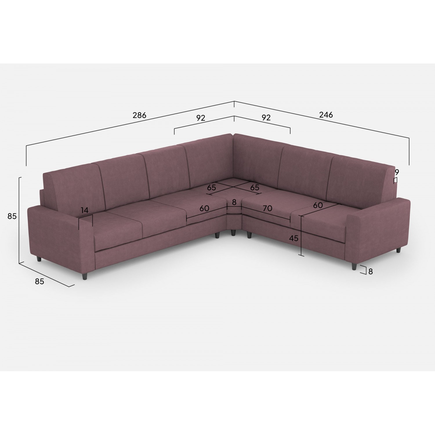 Ityhome Divano Sakar 3 posti (tre sedute da 60cm)+ angolo + divano 2 posti medio (due sedute da 70cm) misure esterne L.286x246 colore prugna