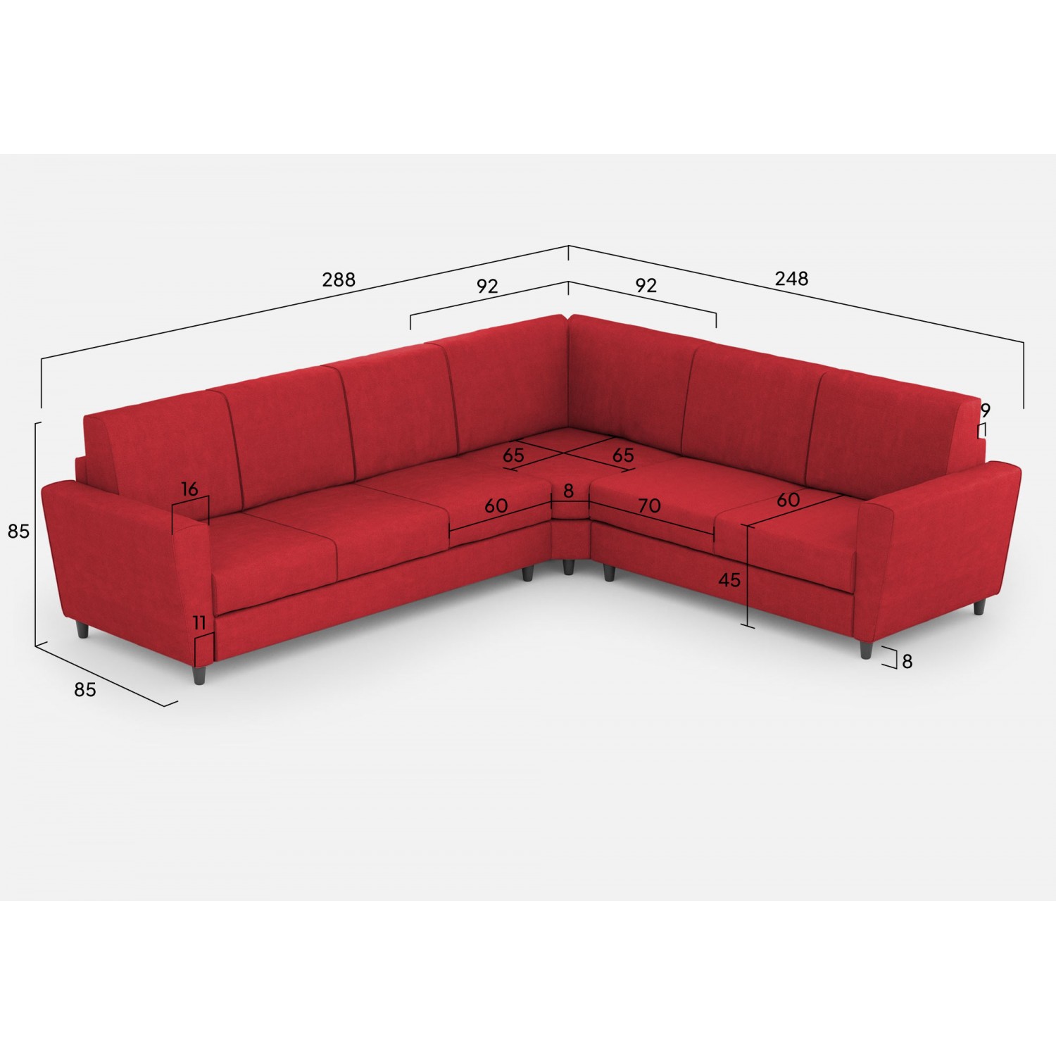 Ityhome Divano Yasel 3 posti (tre sedute da 60cm)+ angolo + divano 2 posti medio (due sedute da 70cm) misure esterne L.288x248 rosso
