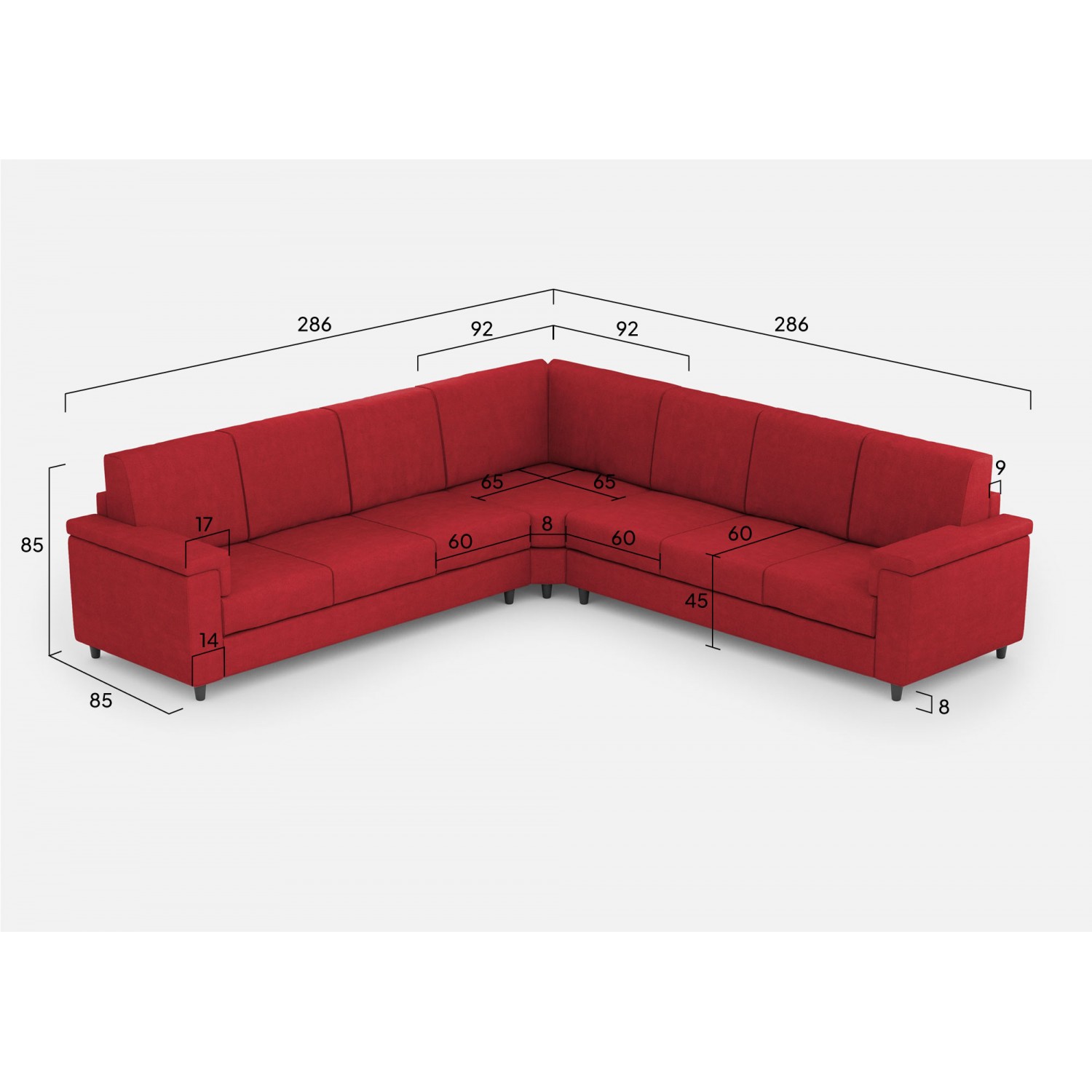 Ityhome Divano Marrak 3 posti  (tre sedute da 60cm) + angolo + divano 3 posti (tre sedute da 60cm) misure esterne L.286x286 colore rosso