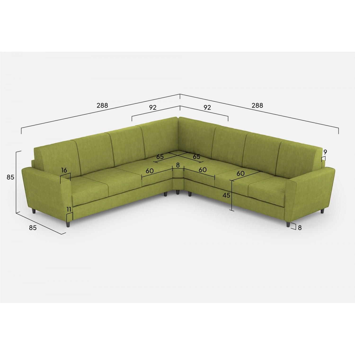 Ityhome Divano Yasel 3 posti  (tre sedute da 60cm) + angolo + divano 3 posti (tre sedute da 60cm) misure esterne L.288x288 verde